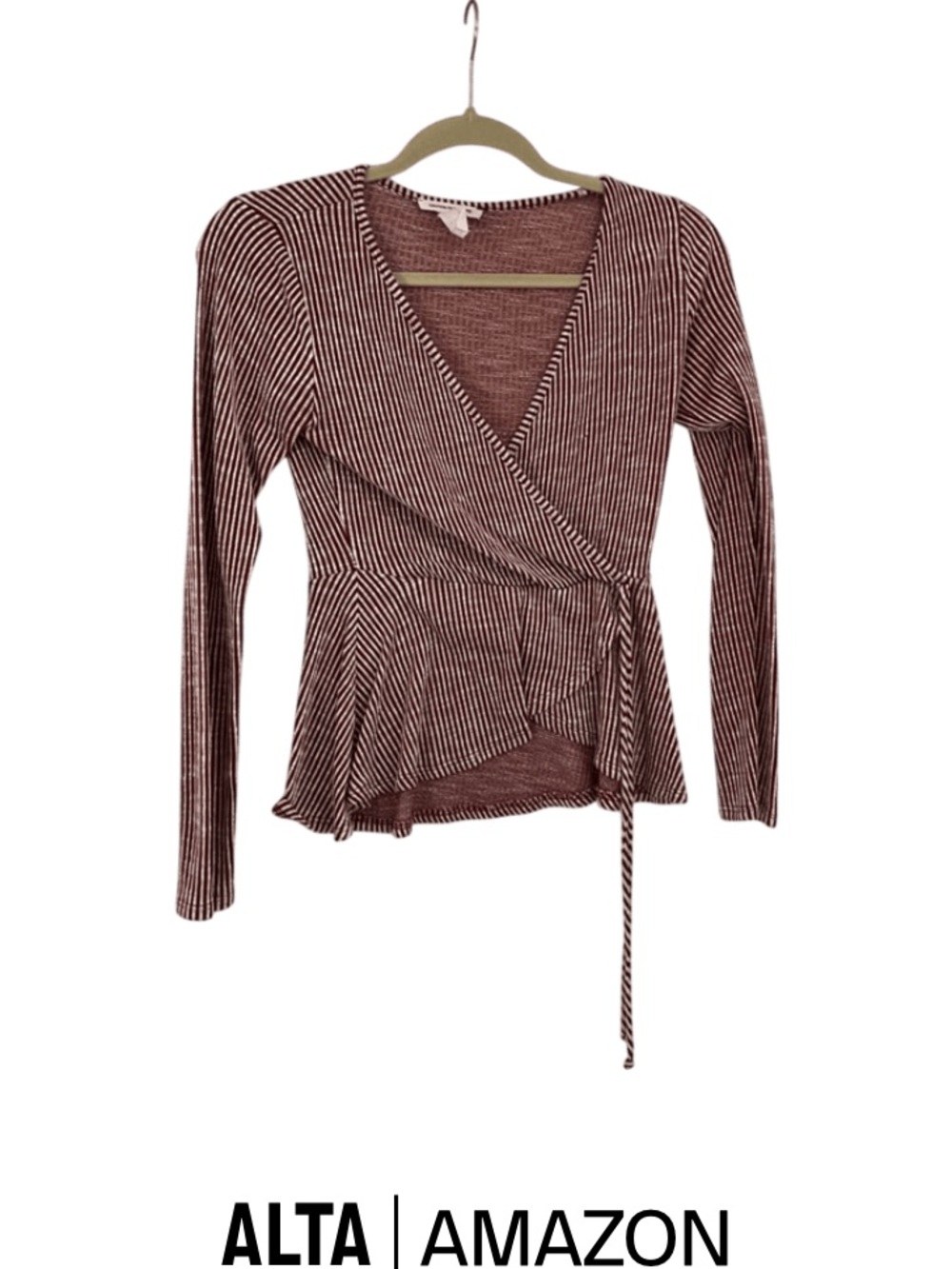 Wrap-Front Long Sleeve Top - Burgundy Stripe